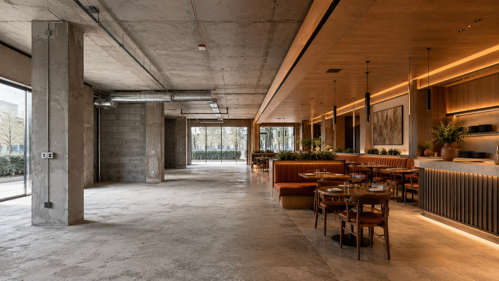 Empty concrete restaurant shell transitioning into a finished dining room with warm wood ceiling, banquette seating, and ambient lighting